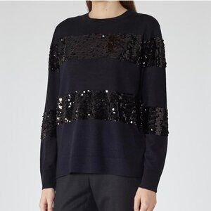 Reiss Wool Blend Black Sequin Stripe Sweater Women's Small